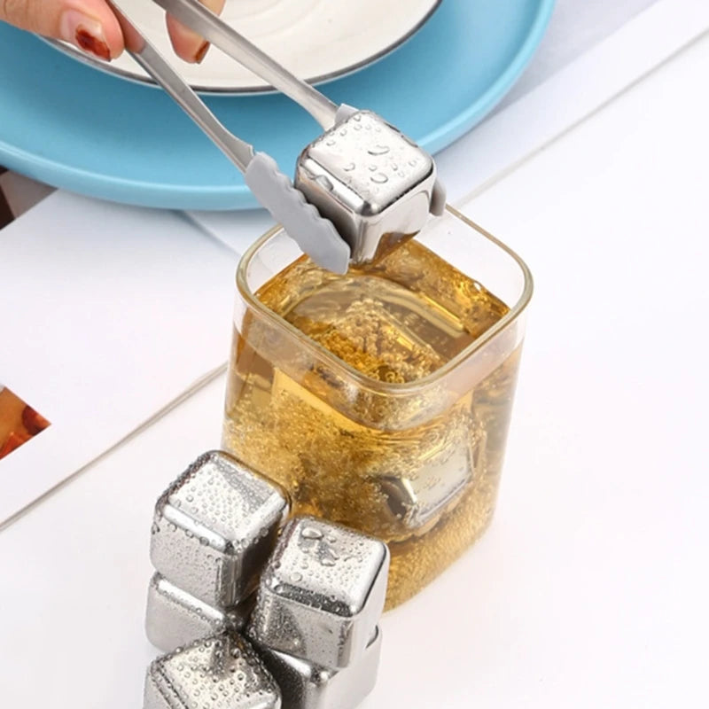 12Pcs 304Stainless Steel Ice Cubes Set with Tongs Drinking Chilling Stone Metal Ice Chilling Ice Suitable for Cooling