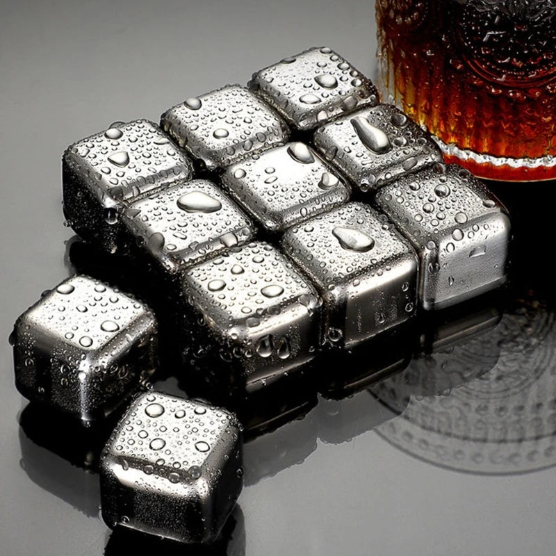 12Pcs 304Stainless Steel Ice Cubes Set with Tongs Drinking Chilling Stone Metal Ice Chilling Ice Suitable for Cooling