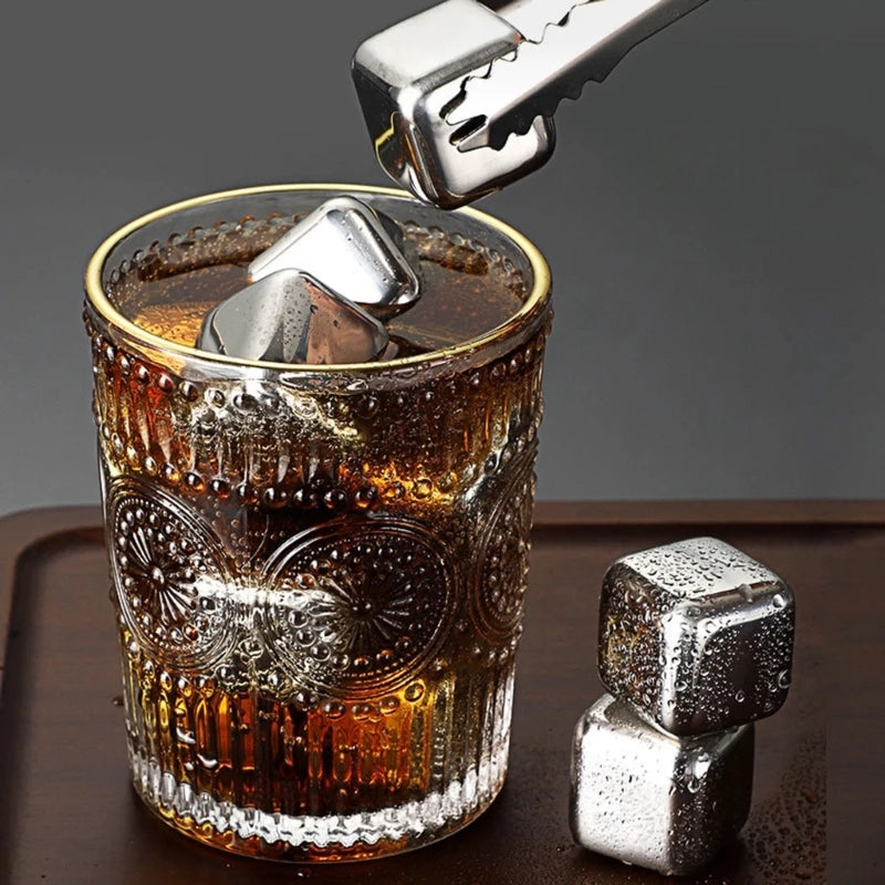 12Pcs 304Stainless Steel Ice Cubes Set with Tongs Drinking Chilling Stone Metal Ice Chilling Ice Suitable for Cooling